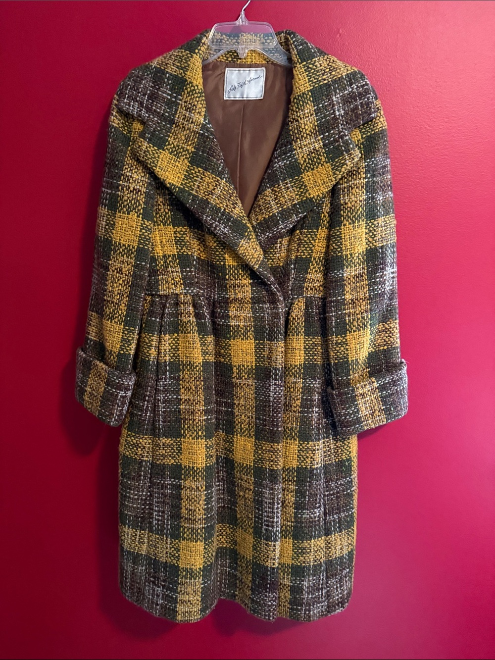 Vintage Designer Wool Plaid Coat for Saks Fifth Avenue- Mustard & Olive S